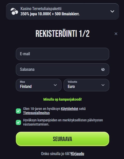 Slimking Casino registratieformulier met e-mailadres, wachtwoord, landkeuze, valutaselectie en welkomstpakket